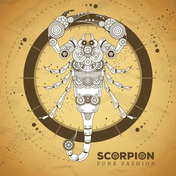 Skorpion Silhouette Mit Zahnrädern Auf Altem Papierhintergrund Punkstil Vektorillustration — Stockvektor