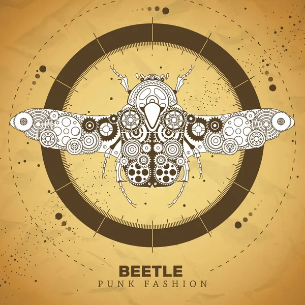 Beetle Silhouette Gears Old Paper Texture Background Punk Style Vector — Stock Vector