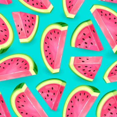 Mavi arka planda karpuz dilimleri olan kusursuz desen. Vektör çizimi. Karpuz yaz arkaplanı