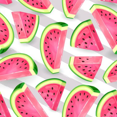 Çizgili arka planda karpuz dilimleri olan kusursuz desen. Vektör çizimi. Karpuz yaz arkaplanı