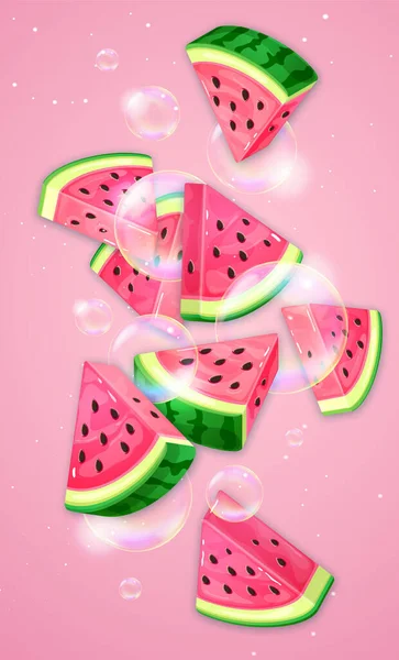 Watermelon Slices Soap Bubbles Pink Background Vector Watermelon Illustration — ストックベクタ