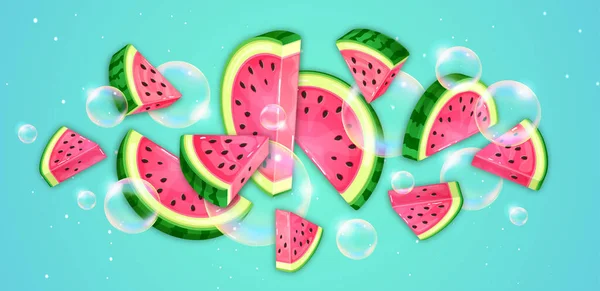Watermeloen Plakjes Met Zeepbellen Blauwe Achtergrond Vector Watermeloen Illustratie — Stockvector