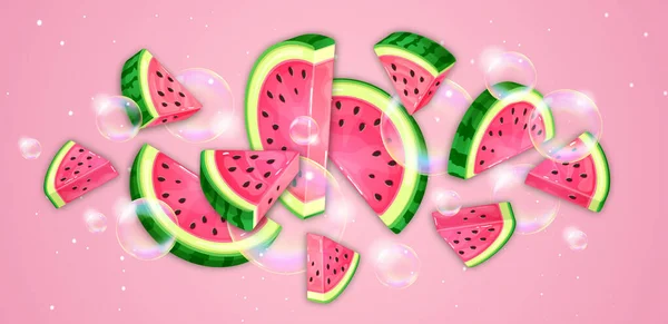 Melounové Plátky Mýdlovými Bublinkami Růžovém Pozadí Vektorová Ilustrace Melounu — Stockový vektor
