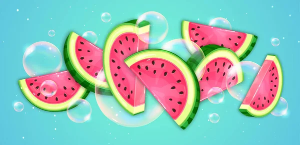 Vattenmelonskivor Med Såpbubblor Blå Bakgrund Vektor Vattenmelon Illustration — Stock vektor