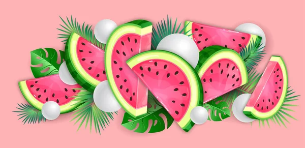 Watermelon Slices Tropic Leaves Pink Background Vector Watermelon Illustration — Stock Vector