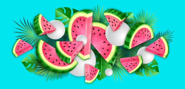 Watermelon Slices Tropic Leaves Blue Background Vector Watermelon Illustration — Stock Vector