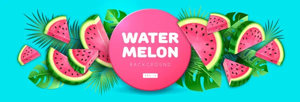 Watermelon Slices Tropic Leaves Blue Background Vector Watermelon Illustration — Stock Vector