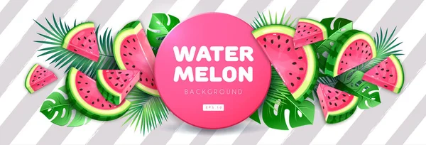 Watermelon Slices Tropic Leaves Striped Background Vector Watermelon Illustration — Stock Vector