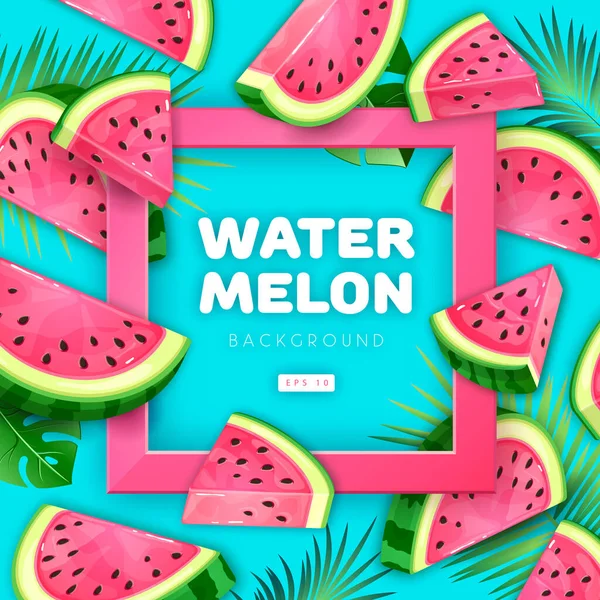 Watermelon Slices Tropic Leaves Blue Background Vector Watermelon Illustration — Stock Vector