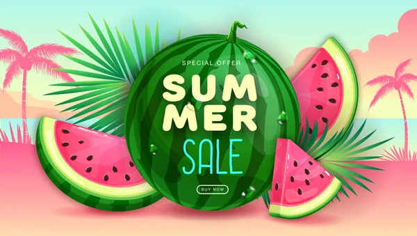 Sommerschlussverkauf Poster Mit Scheiben Wassermelone Auf Tropischem Hintergrund Sommer Wassermelone — Stockvektor
