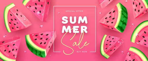 Zomer Verkoop Poster Met Plakjes Watermeloen Roze Achtergrond Zomer Watermeloen — Stockvector