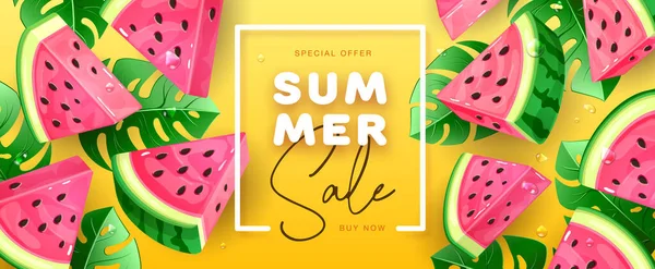 Summer Sale Poster Slices Watermelon Tropic Background Summer Watermelon Background — Stockvektor