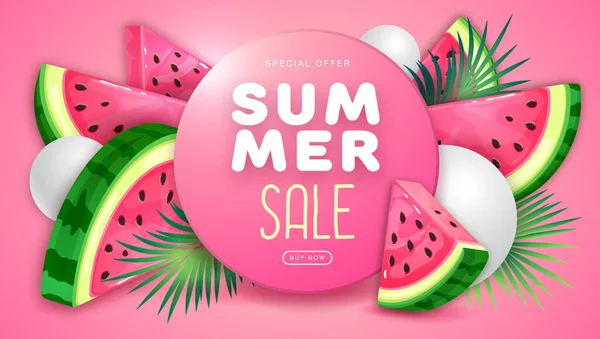 Summer Sale Poster Slices Watermelon Pink Background Summer Watermelon Background — Vetor de Stock