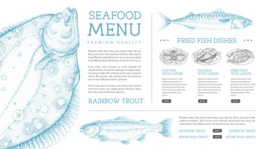 Elle çizilmiş balıklı deniz ürünleri restoranı menüsü tasarımı. Vektör illüstrasyonu