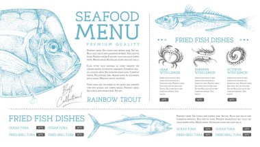 Elle çizilmiş balıklı deniz ürünleri restoranı menüsü tasarımı. Vektör illüstrasyonu