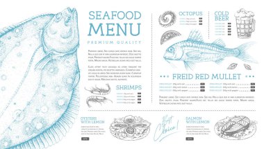 Elle çizilmiş balıklı deniz ürünleri restoranı menüsü tasarımı. Vektör illüstrasyonu