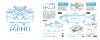 Elle çizilmiş balıklı deniz ürünleri restoranı menüsü tasarımı. Vektör illüstrasyonu