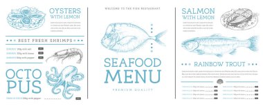 Elle çizilmiş balıklı deniz ürünleri restoranı menüsü tasarımı. Vektör illüstrasyonu