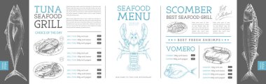 Seafood restaurant menu design with hand drawing fish. Vector illustration
