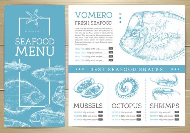 Elle çizilmiş balıklı deniz ürünleri restoranı menüsü tasarımı. Vektör illüstrasyonu