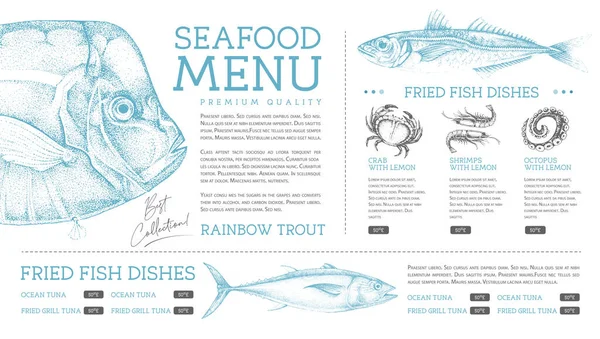 Elle çizilmiş balıklı deniz ürünleri restoranı menüsü tasarımı. Vektör illüstrasyonu