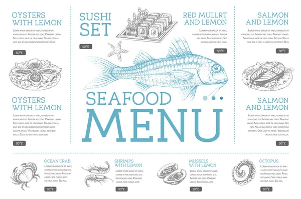 Design Menu Restaurante Frutos Mar Com Mão Desenho Peixe Ilustração — Vetor de Stock