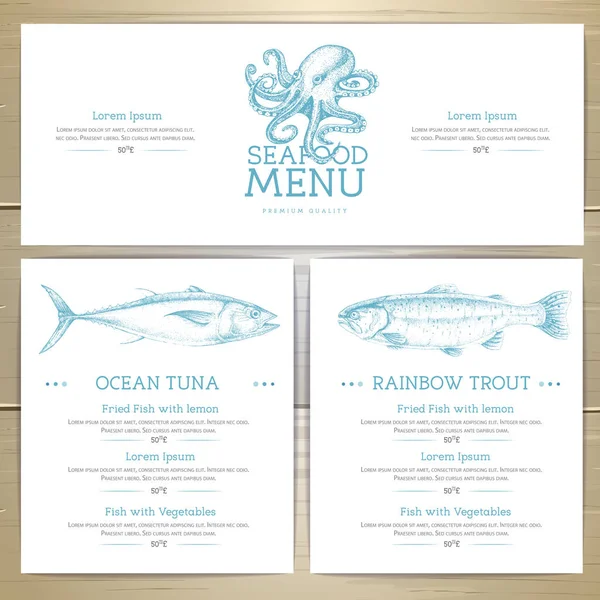 Desain Menu Restoran Seafood Dengan Gambar Tangan Ikan Ilustrasi Vektor - Stok Vektor