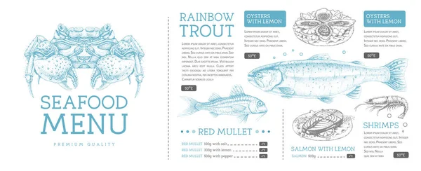 Elle çizilmiş balıklı deniz ürünleri restoranı menüsü tasarımı. Vektör illüstrasyonu