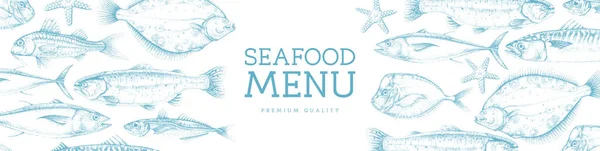 Seafood Menu Cover Design Different Kinds Fish Vector Illustration — ストックベクタ