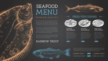 Tebeşir, deniz ürünleri restoranının menüsünü el çizimi balıkla çiziyor. Vektör illüstrasyonu