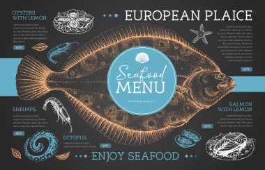 Tebeşir, deniz ürünleri restoranının menüsünü el çizimi balıkla çiziyor. Vektör illüstrasyonu