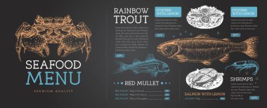Tebeşir, deniz ürünleri restoranının menüsünü el çizimi balıkla çiziyor. Vektör illüstrasyonu