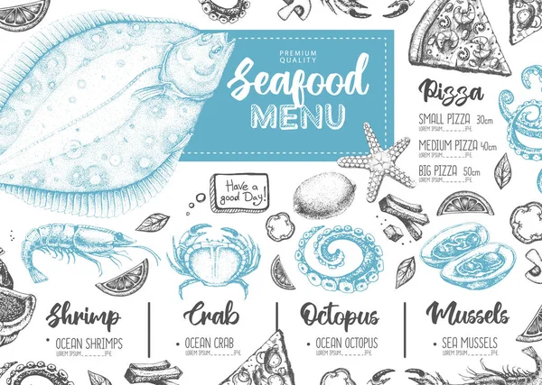 手描き魚とシーフードレストランメニューのデザイン ベクターイラスト — ストックベクタ