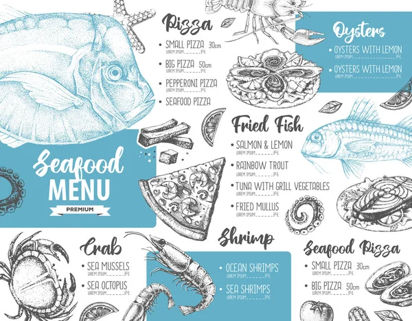 手描き魚とシーフードレストランメニューのデザイン ベクターイラスト — ストックベクタ