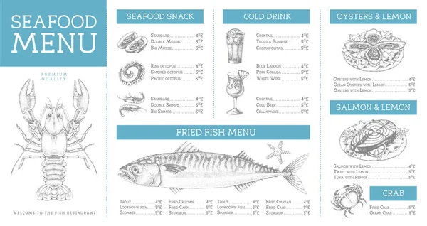 Elle çizilmiş balıklı deniz ürünleri restoranı menüsü tasarımı. Vektör illüstrasyonu