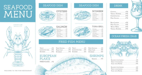 Elle çizilmiş balıklı deniz ürünleri restoranı menüsü tasarımı. Vektör illüstrasyonu