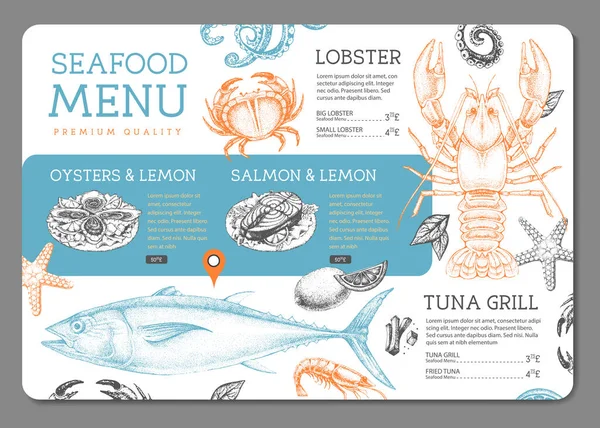 Seafood Restaurant Menu Design Hand Drawing Fish Vector Illustration — ストックベクタ