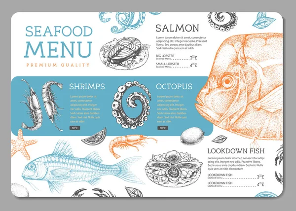 Elle Çizilmiş Balıklı Deniz Ürünleri Restoranı Menüsü Tasarımı Vektör Illüstrasyonu — Stok Vektör