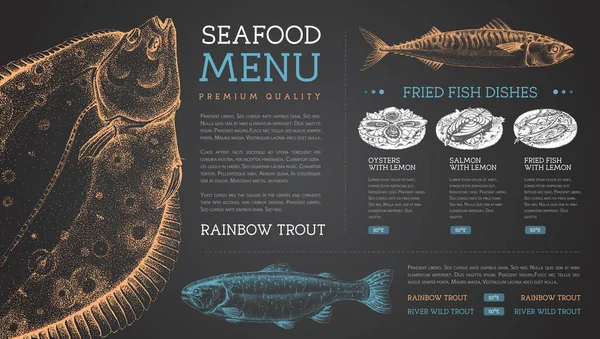 Tebeşir, deniz ürünleri restoranının menüsünü el çizimi balıkla çiziyor. Vektör illüstrasyonu