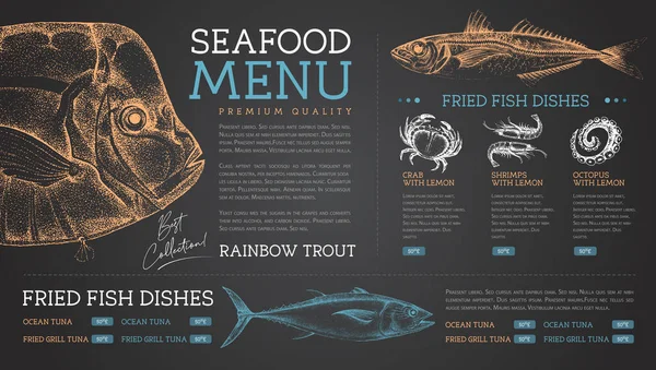 Tebeşir, deniz ürünleri restoranının menüsünü el çizimi balıkla çiziyor. Vektör illüstrasyonu