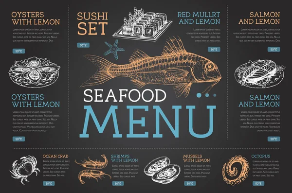 Chalk Drawing Seafood Restaurant Menu Design Hand Drawing Fish Vector — Vector de stock