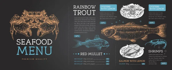 Tebeşir, deniz ürünleri restoranının menüsünü el çizimi balıkla çiziyor. Vektör illüstrasyonu