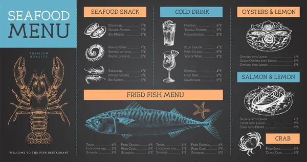 Tebeşir, deniz ürünleri restoranının menüsünü el çizimi balıkla çiziyor. Vektör illüstrasyonu