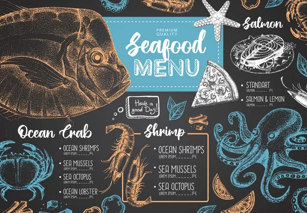 Chalk Drawing Seafood Restaurant Menu Design Hand Drawing Fish Vector — Stock Vector