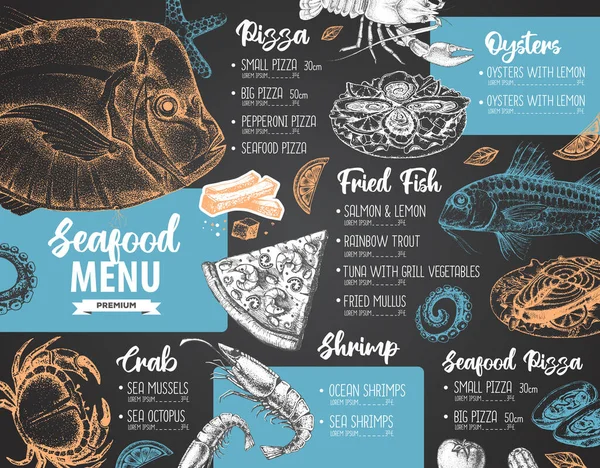 Tebeşir, deniz ürünleri restoranının menüsünü el çizimi balıkla çiziyor. Vektör illüstrasyonu