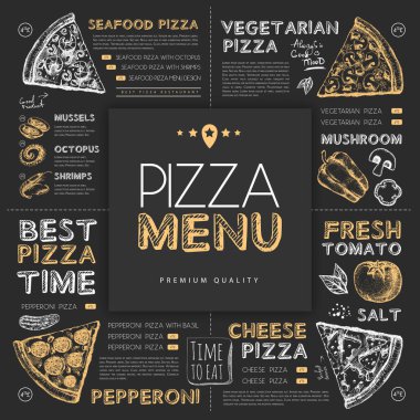 Tebeşir çizimi pizza restoranı menüsü tasarımı ve el çizimi öğeleri. Vektör illüstrasyonu