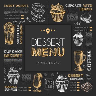 Tebeşir, tatlı restoranının menüsünü elle çizerek çiziyor. Vektör illüstrasyonu