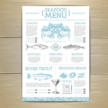 Elle çizilmiş balıklı deniz ürünleri restoranı menüsü tasarımı. Vektör illüstrasyonu