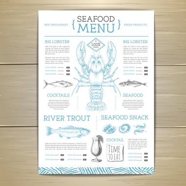 Elle çizilmiş balıklı deniz ürünleri restoranı menüsü tasarımı. Vektör illüstrasyonu