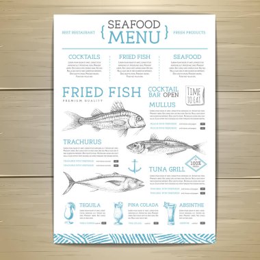 Elle çizilmiş balıklı deniz ürünleri restoranı menüsü tasarımı. Vektör illüstrasyonu